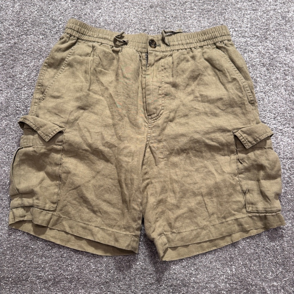 Club Room Cargo Shorts Mens Medium Khaki Tan 100% Linen Luxury Utility Beach
